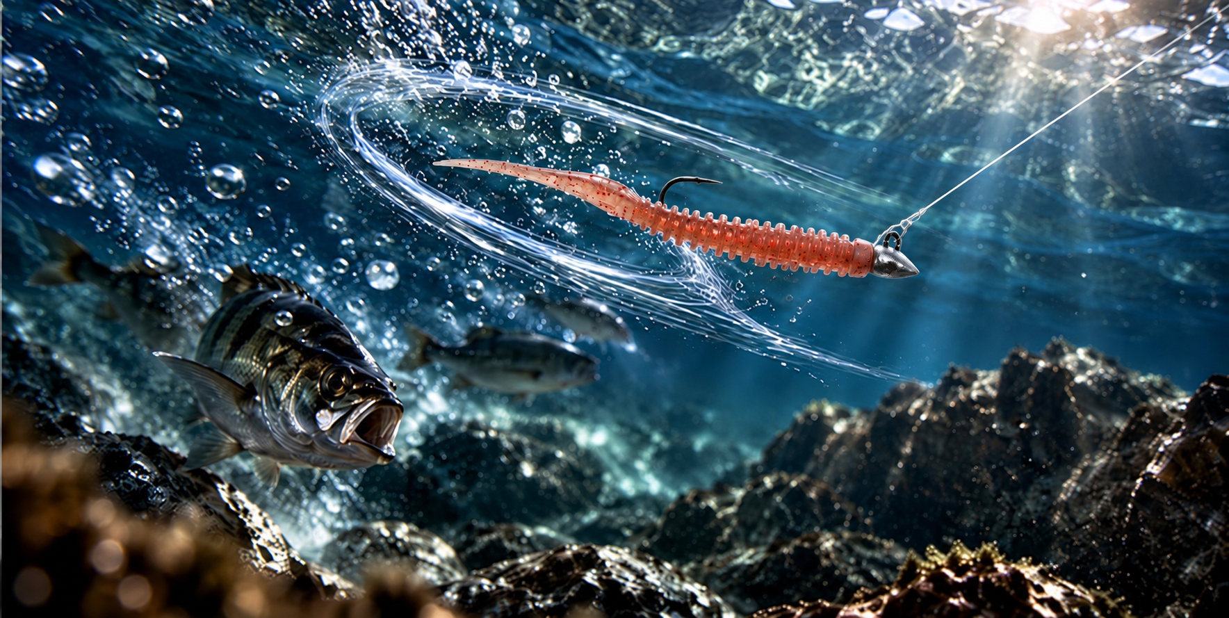 水中を泳ぐピンクのワームと魚